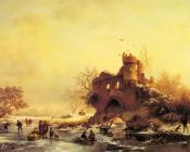弗雷德里克 马里亚努斯 克鲁斯曼 : Winter Landscape With Skaters On A Frozen River Beside Castle Ruins